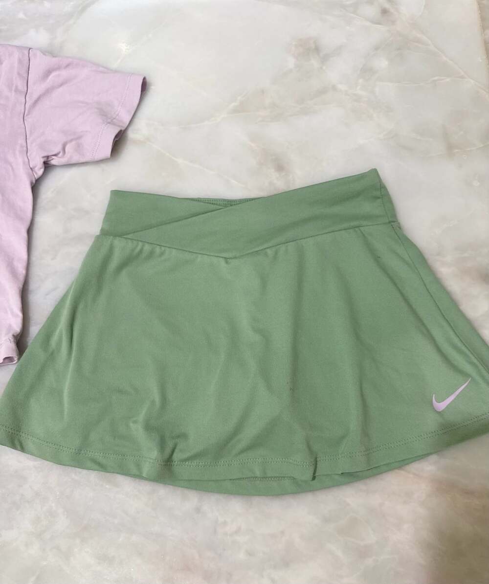 Nike Dri-FIT Green Athletic Skirt with Pocket and Matching Purple T-Shirt